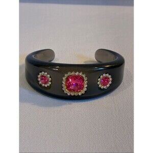 Black Resin chunky bold colorful cocktail Cuff Bracelet acrylic Pink accents
